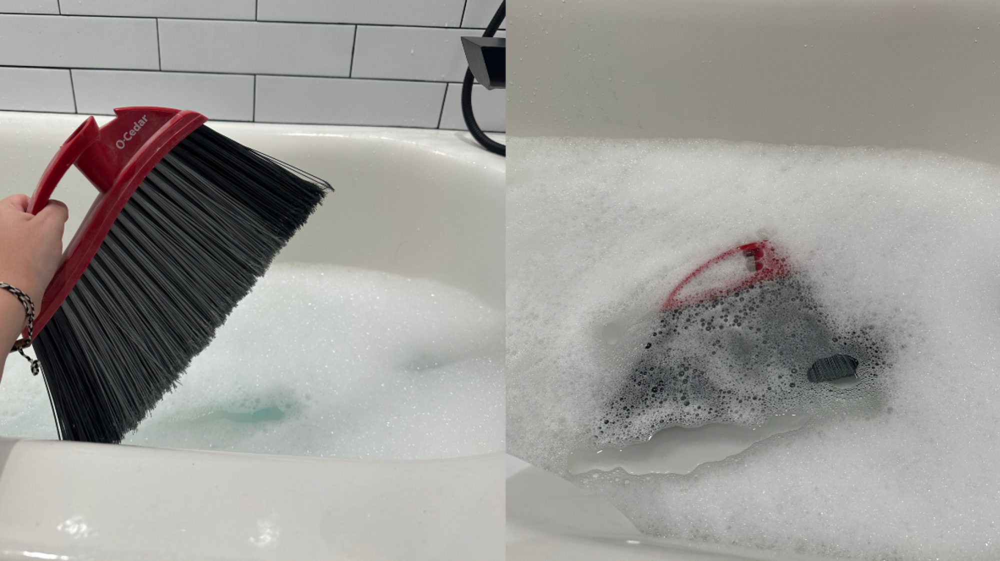 A broom head is lowered into a soapy tub for soaking and cleaning.