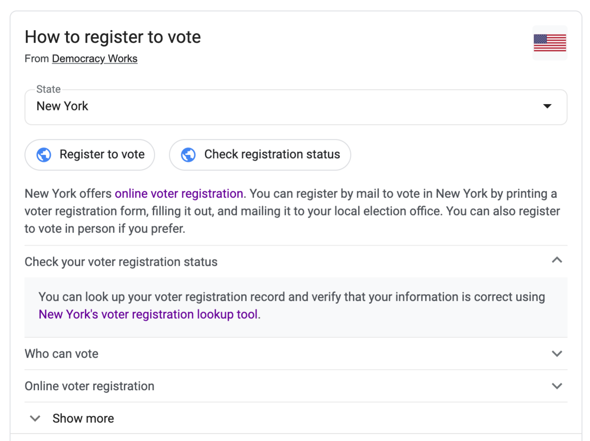 A screenshot of the Google results for a search of "Am I registered to vote" performed in Brooklyn, NY