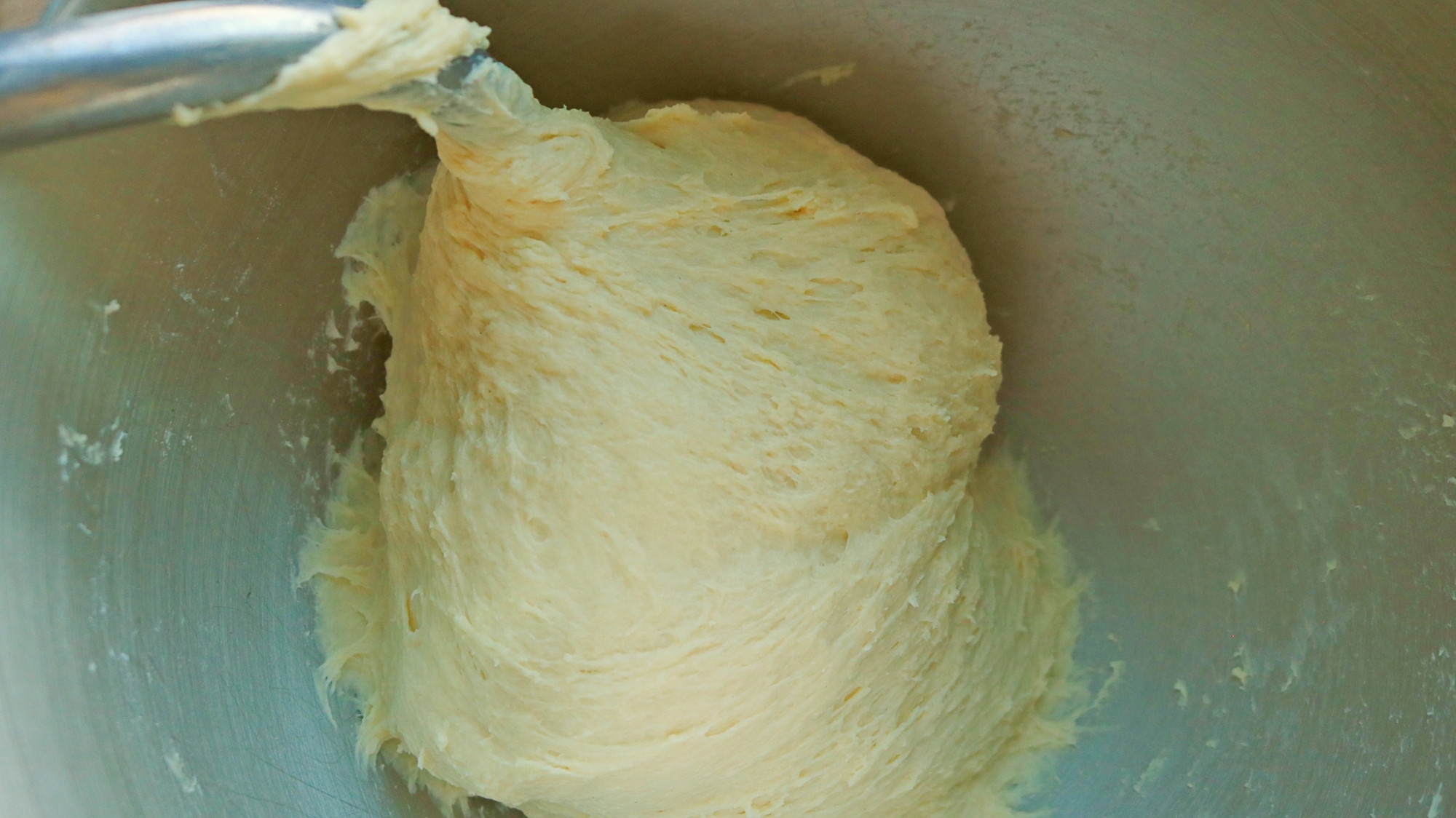 Bread dough in a mixing bowl.