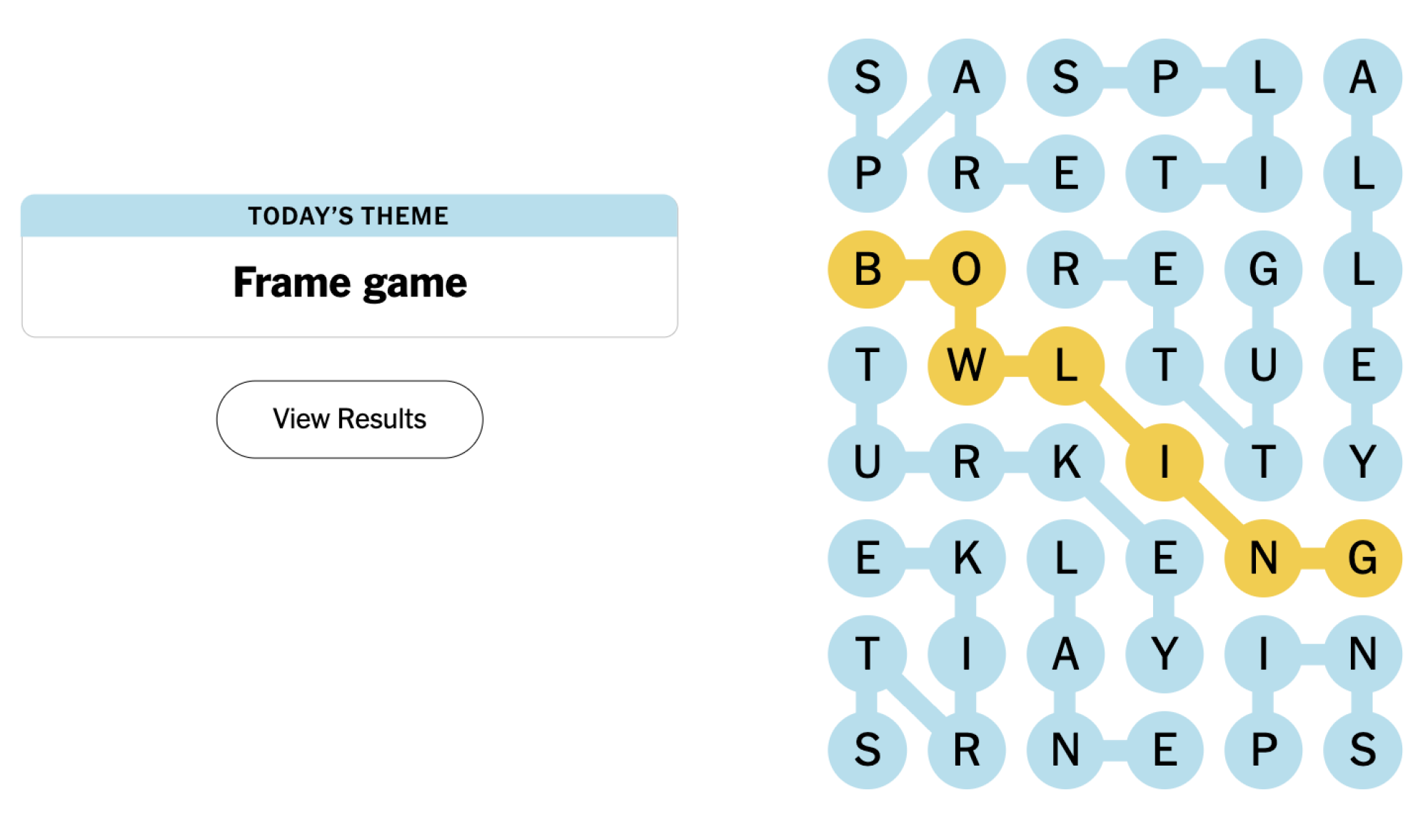 Completed NYT Strands board for June 25, 2024: Frame game.