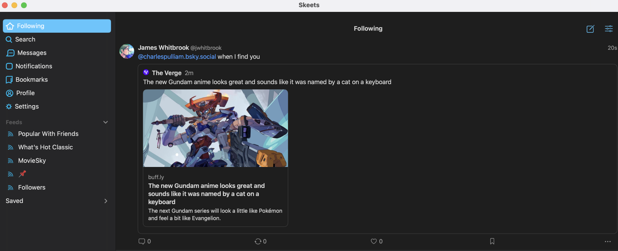 A screenshot of the Skeets Mac app